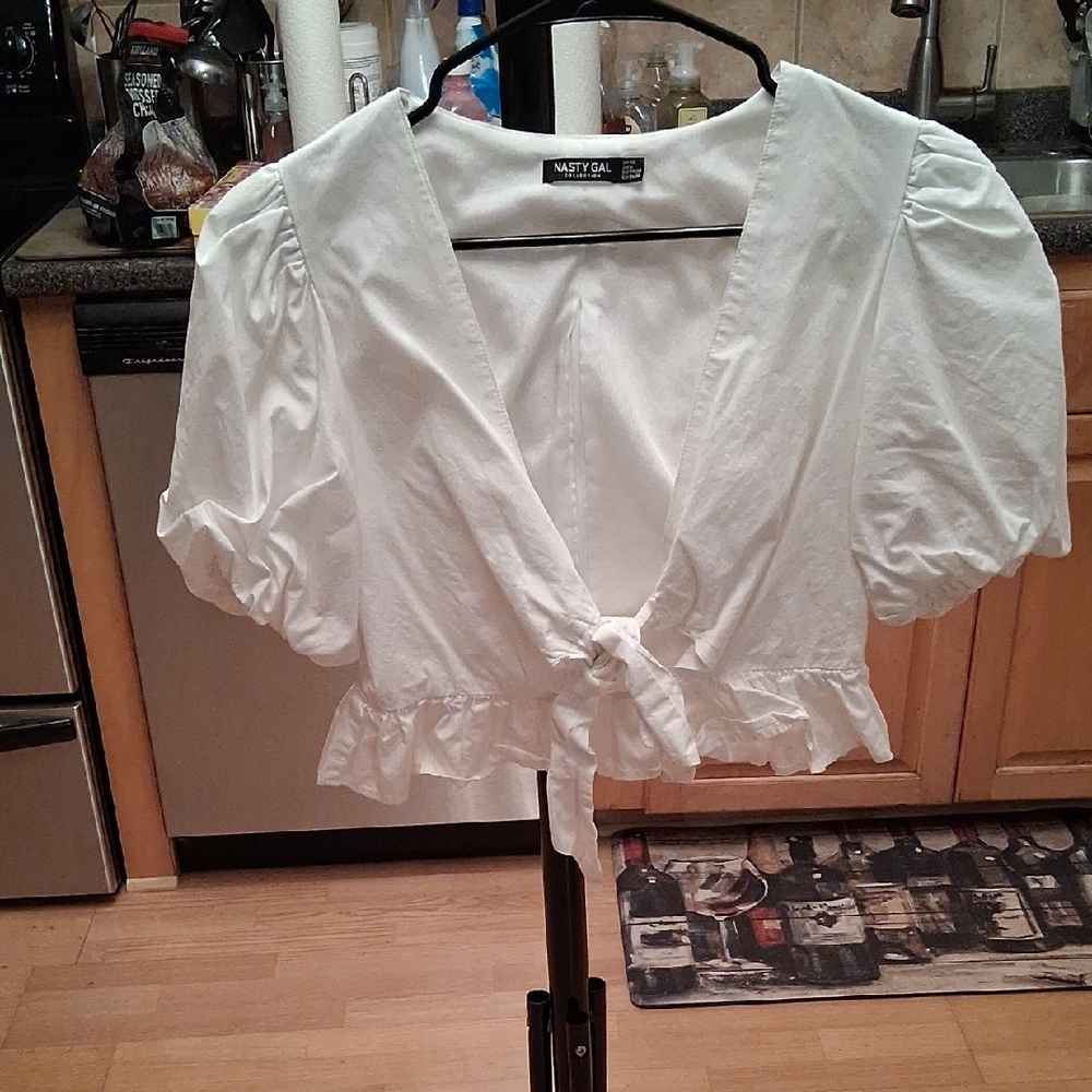 Nasty Gal Ivory Puff Sleeve Tie-Front Blouse